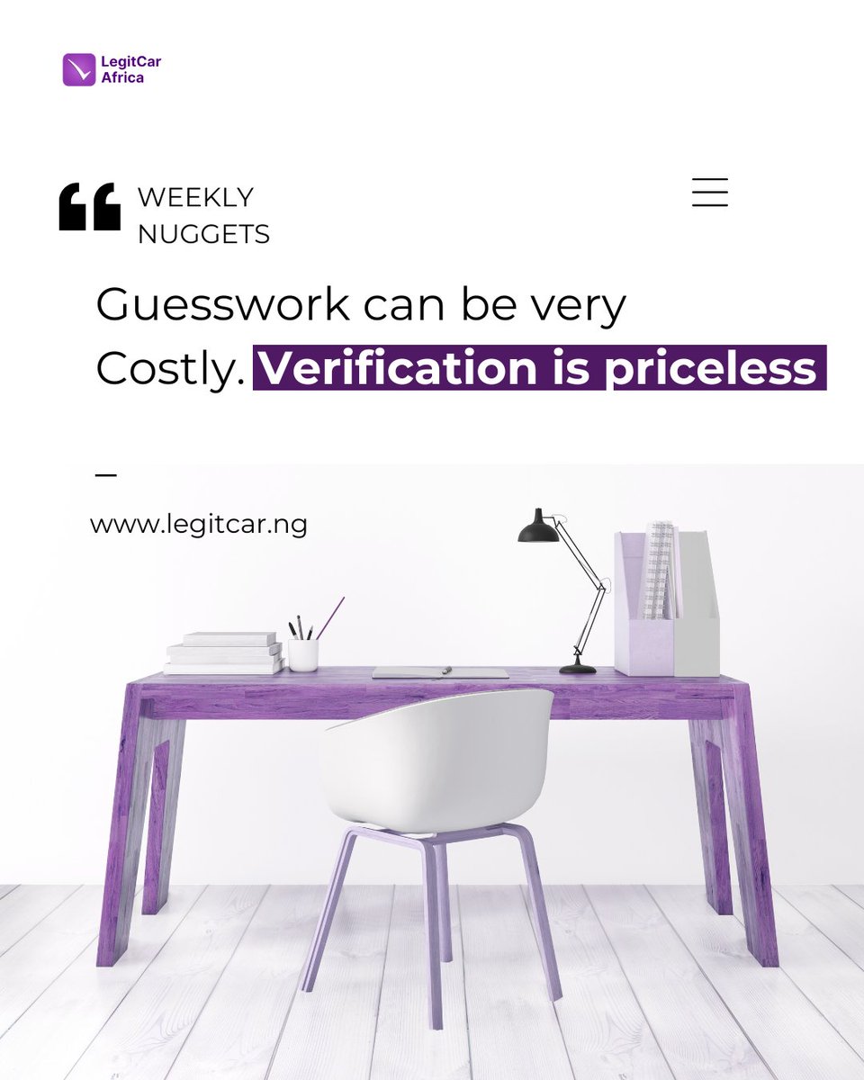 Every smart buyer, dealer and business verifies with LegitCar...always! 

Visit legitcar.ng and start verifying today!