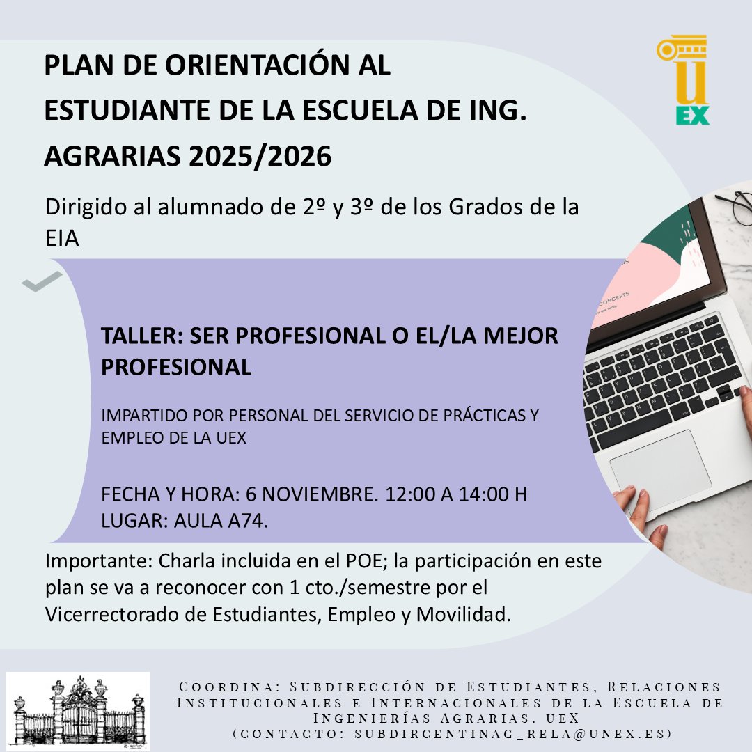 Taller: "Ser profesional o el/la mejor profesional".
6nov2025 12:00-14:00h. Aula 74 de la EIA.

Dirigido al alumnado de 2º y 3º de Grados de la EIA.
Reconocido con 1 crédito por el Vicerrectorado de Estudiantes, Empleo y Movilidad, dentro del POE.