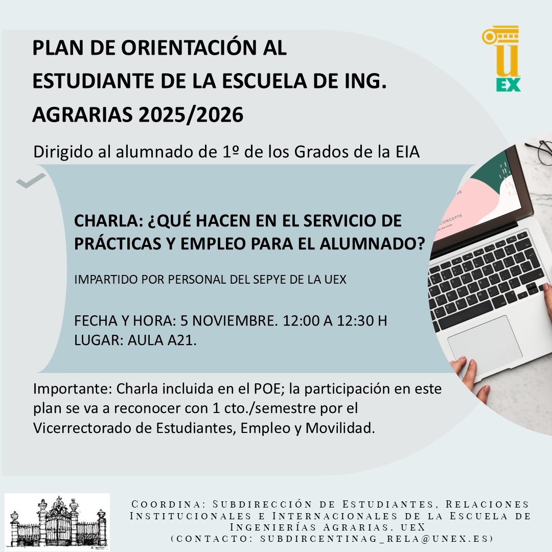 Charla: "¿Qué hacen en el Servicio de Prácticas y Empleo para el Alumnado?".
5nov2025 12:00-12:30h. Aula 21 de la EIA.

Dirigido al alumnado de 1º de Grados de la EIA.
Reconocido con 1 crédito por el Vicerrectorado de Estudiantes, Empleo y Movilidad, dentro del POE.