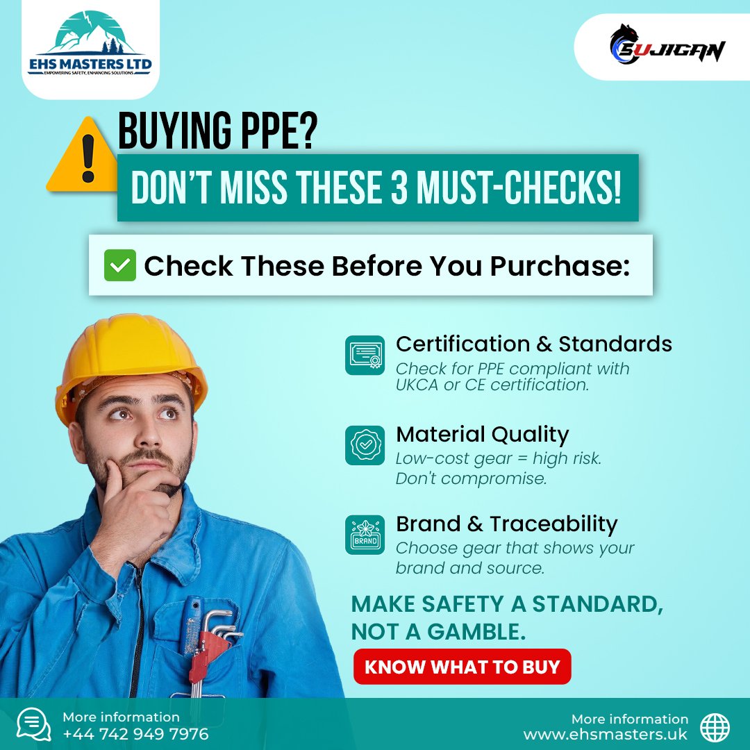 EhsMasters's tweet image. Before you buy PPE, ask yourself, Are you checking the right boxes? ✅
Safety depends on more than just availability.
#ehs #london #ehsmasters #worksafe #PPE #construction #SafetyMatters #londonppe #EHSProducts #safetyfirst