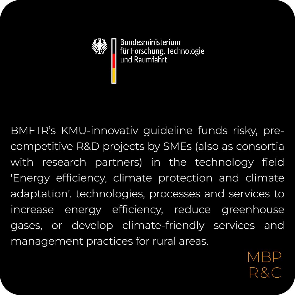 📢SMEs—the <a href="/bmftr_bund/">BMFTR</a> supports R&amp;D towards energy-efficiency, climate-protection and climate-adaptation solutions
📅15 Apr 2026
🏷️ Know an SME that should apply? Tag them or share this post
#CallForProposals #ResearchFunding #FundingOpportunity
<a href="/ImMatthewP/">Matthew Plutschack</a>