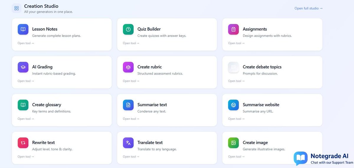notegradeAI's tweet image. Teachers shouldn’t have to choose between grading and resting.
With Notegrade.ai, lesson notes, quizzes &amp;amp; grading happen in minutes — not hours.
✨ Teach smart. Live better.
👉 notegrade.ai
#AIforTeachers #EdTech #NotegradeAI