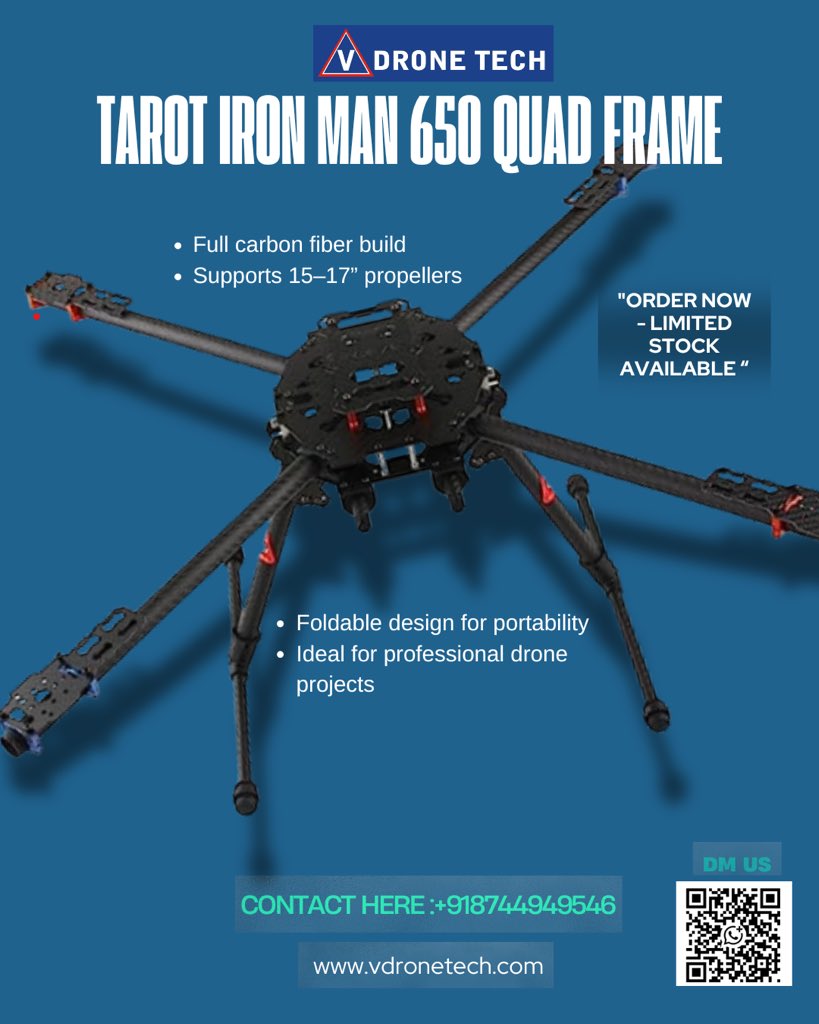 vdronetech's tweet image. Lightweight. Durable. Foldable.
Meet the TAROT IRON MAN 650 Frame — built for drone professionals.
#VDroneTech #DroneFrame #Tarot650 #DroneBuild #UAVIndia