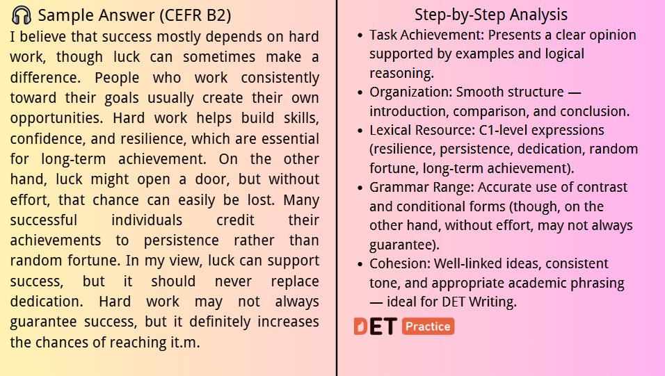 PracticeDET's tweet image. ✍️ DET Writing Sample: Is success based on hard work or luck? 🍀💼
Let’s see which side you’re on!
Get more practice at DETPractice.com with a 3-day free VIP trial!
#DuolingoEnglishTest #DETPractice #WritingSample #LearnEnglish #DETTips