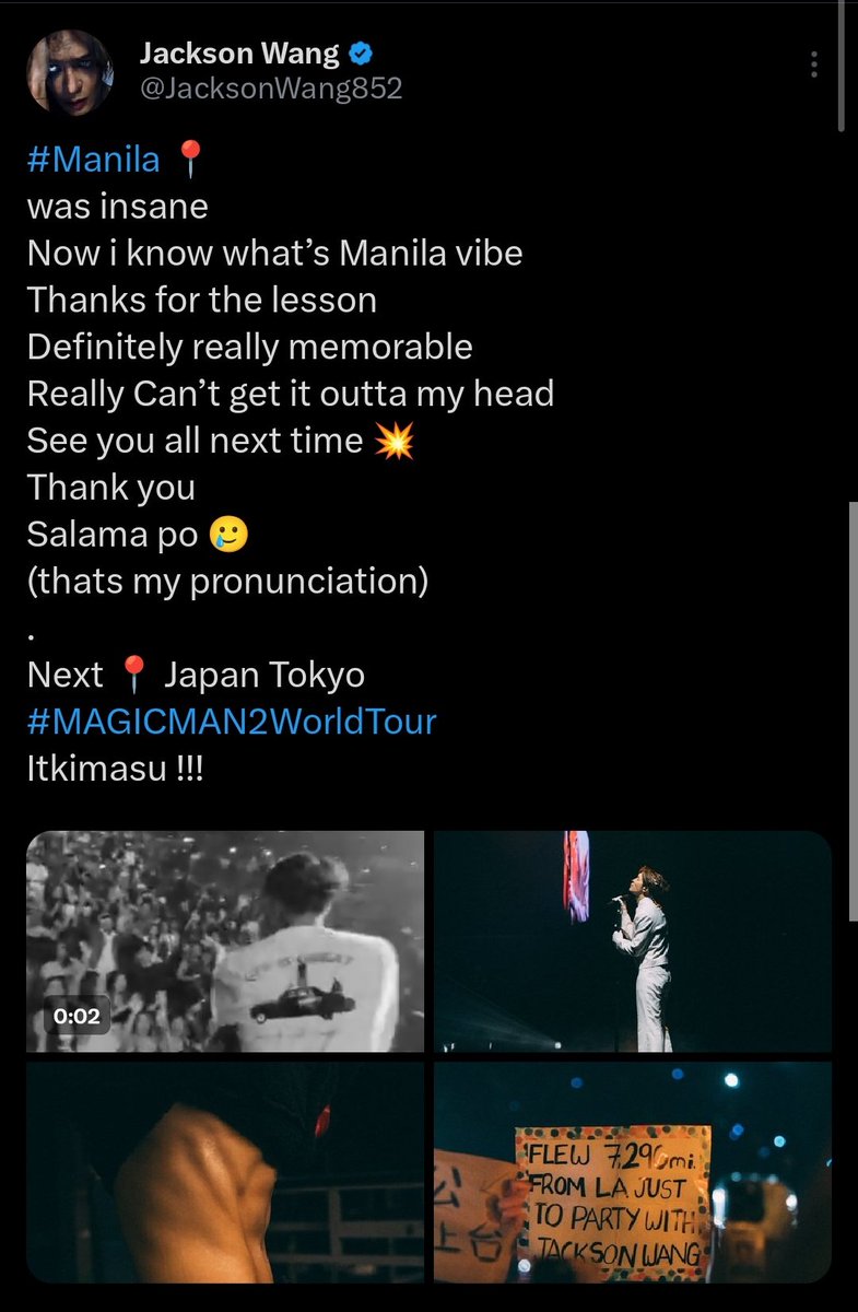 jiaersg7's tweet photo. “U all are a crazy crowd & I love the passion, like i said, when u all cheer, u guys meant it! I could feel it. Like a wave hitting me.” - Jackson Wang, 2022

“Manila was insane...definitely memorable. Really Can't get it outta my head.”

“I learned a lot about Philippines. The energy is just out of here, man. I've never seen something like this for a long time.” - Jackson Wang, 2025

We love you @JacksonWang852 🥹🫶 we hope our energy gives you energy too like how you're always giving us energy.