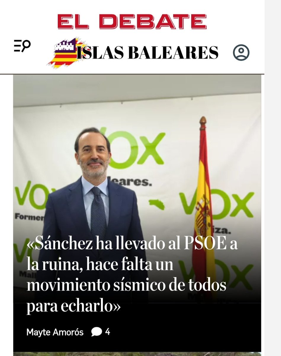 Entrevista hoy al Presidente de <a href="/ParlamentIB/">Parlament de les Illes Balears</a> <a href="/voxbaleares/">VOX Baleares</a> realizada por <a href="/mayte_amoros/">Mayte Amorós</a> nueva delegada en #Baleares de <a href="/eldebate_com/">El Debate</a> 
«Sánchez ha llevado al PSOE a la ruina, hace falta un movimiento sísmico de todos para echarlo" eldebate.com/espana/baleare…