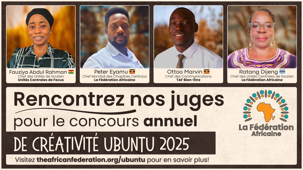 tafchapters's tweet photo. Rencontrez nos juges du #UbuntuCreativityCompetition 2025 : Fauziya Abdul, Peter Eyamu, Ottoo Marvin et Ratang Dijeng, une équipe exceptionnelle qui apporte sagesse, créativité et véritable esprit Ubuntu à la sélection de cette année.
#NoMore #CulturalHeritage #TAFNarrative https://t.co/p8SQpoBXyV