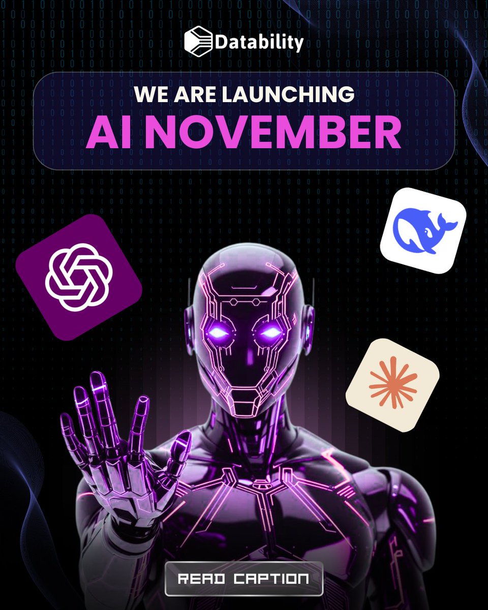 DatabilityCo's tweet image. Introducing - #Ainovember by Datability
This November, we’re dedicating 15 minutes a day to learn, explore, and #buildwithai.
- 20 bite-sized lessons.
- 20 hands-on challenges.
- 1 month of learning, experimenting, and leveling up your AI game.

Let’s make AI a daily habit!