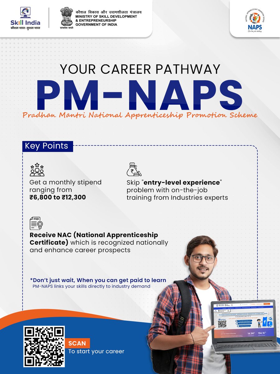 Why stop at textbooks when the world is your classroom? 
With PM-NAPS, you don’t just study, you build your future.
Get real industry experience, earn ₹6,800–₹12,300 every month, and walk away with a nationally recognized certificate that proves your skills mean business.
