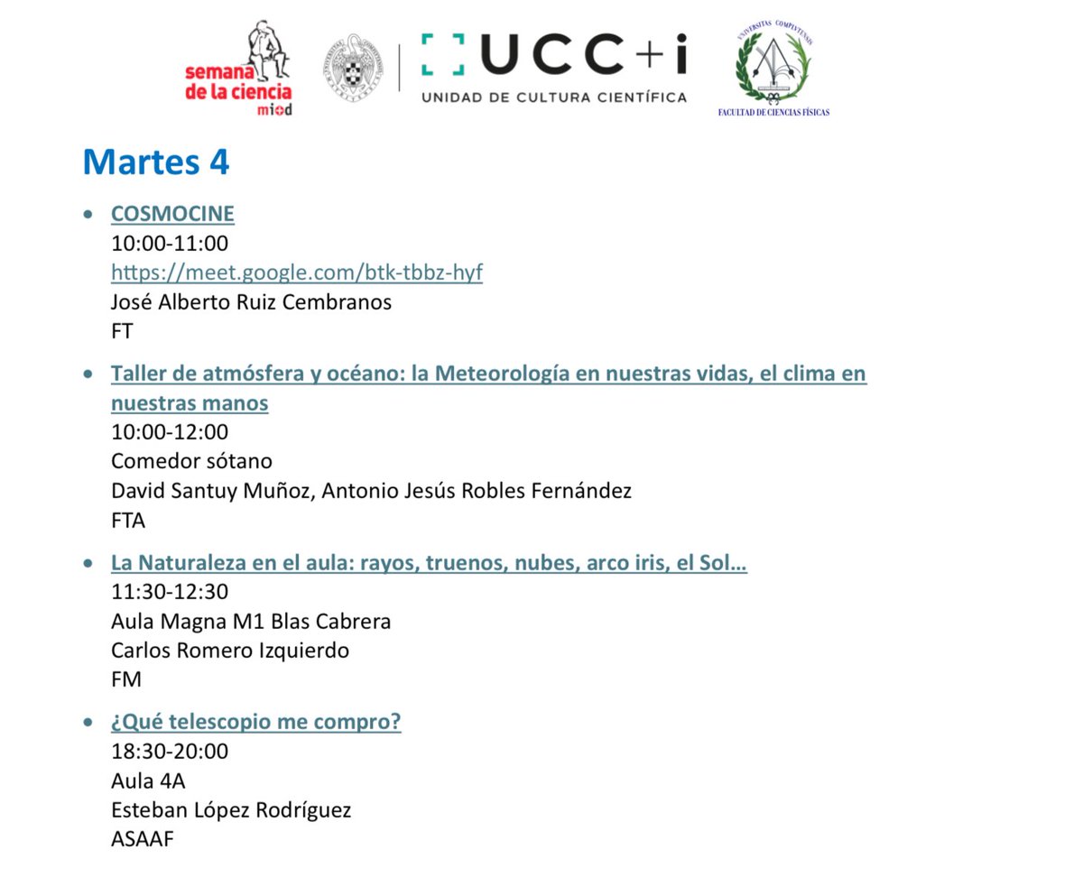 Actividades de hoy martes 4 de noviembre en la Facultad de Ciencias Físicas <a href="/Fisicas_UCM/">Facultad Físicas UCM</a> en La Semana de la Ciencia y la Innovación de Madrid (3 al 16  de noviembre 2025) #SemanaCiencia #SemanaCienciaFisicas2025 
👉Calendario y reservas: fisicas.ucm.es/semana-de-la-c…