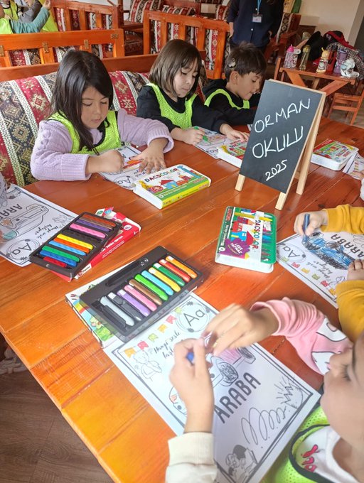 Group of young children in colorful vests and casual clothes stand smiling on wooden steps under a covered pavilion with trees and blue sky in background several adults in headscarves and casual attire pose with them. Children in vests sit at wooden tables drawing with crayons and colored pencils on paper surrounded by art supplies and books one table has a blackboard easel labeled Orman Okulu 2025. Children in vests draw at another wooden table with crayons pencils and books blackboard shows Orman Okulu 2025. Group of young children in vests sit in red seats of a blue cable car playground structure with trees and benches in background two adults in headscarves stand nearby.