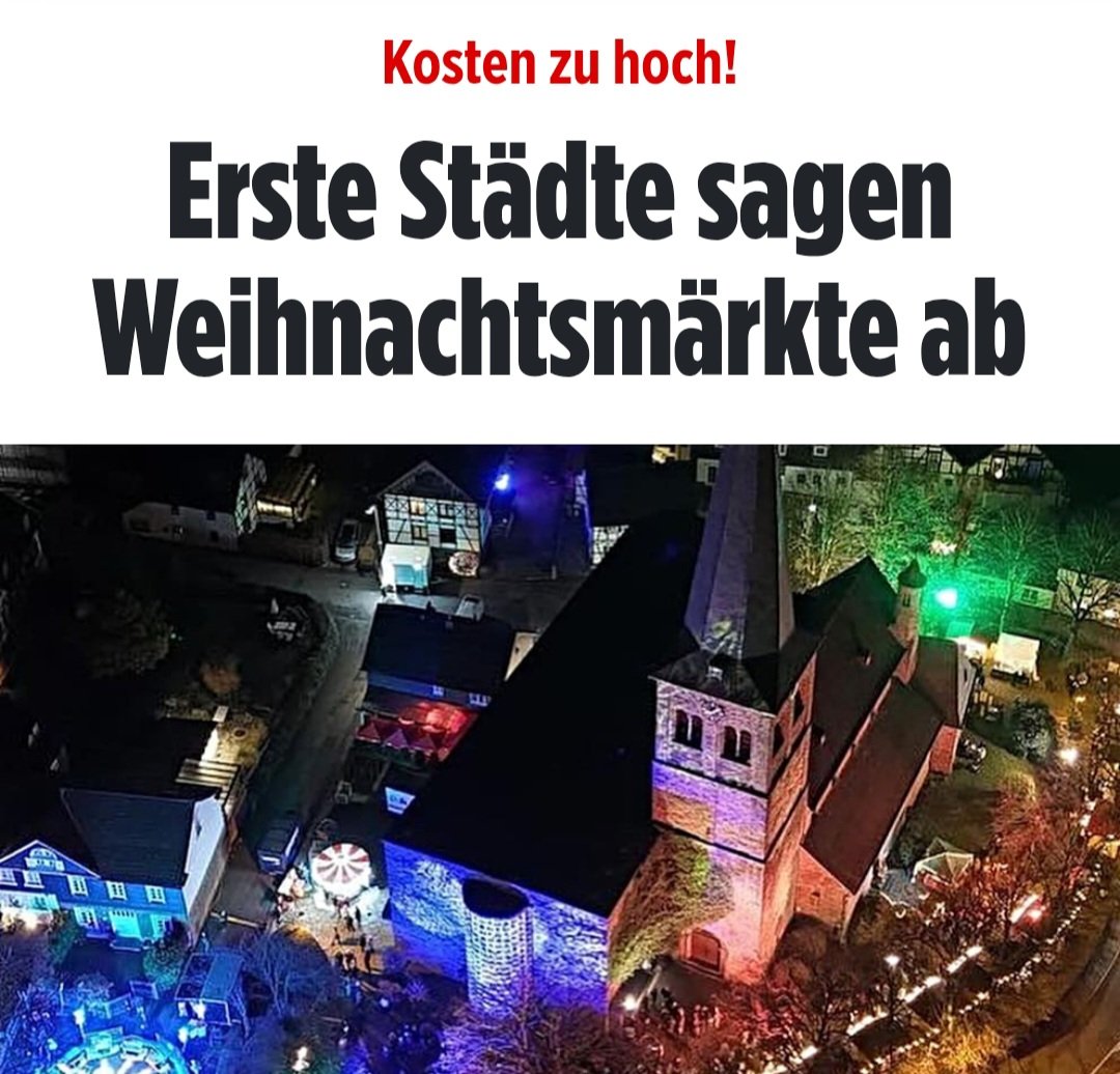 Weil das Geld für Sicherheitsmaßnahmen fehlt, sagen erste Städte ihre Weihnachtsmärkte ab.
Die Kosten für Absperrungen und Sicherheitspersonal sind extrem gestiegen.
So stirbt deutsche Kultur langsam Stück für Stück.
Auch das ist eine Folge von
"Wir sind bunt, wir haben Platz."😠
