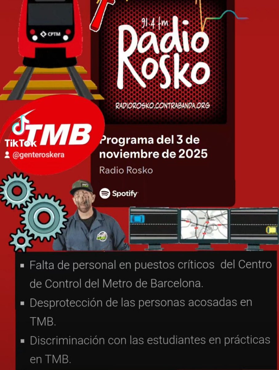 GenteRoskera's tweet image. Descontrol al Centre de Control del Metro de Barcelona per falta de personal a llocs crítics 😱🚇 Y discriminació a les estudiants en Pràctiques a @TMBinfo

🟥 YOUTUBE🗣️🎤⬇️
youtu.be/YiYaFcwoDB4?si…
🟥⬛ WEB🪇🥁⬇️
radiorosko.contrabanda.org/programa-del-3…
🟩 SPOTIFY 🗣️🎙️⬇️
open.spotify.com/episode/2r1Af6…