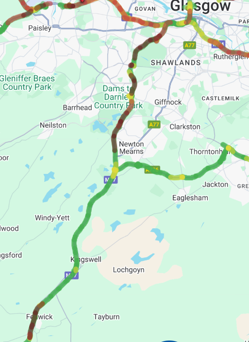 trafficscotland's tweet photo. NEW❗️⌚️07:50
🗺️#M77 Jct 7- 1

⛔️Due to multiple road traffic collisions, The #M77 N/B is experiencing heavy delays

⚠️#M77 Jct 7
#M77 Jct 3
#M77 Jct 1

⏱️Traffic queuing with approx. 32 minute delays
Alternative routes are recommended currently.

Updates to follow
@NWTrunkRoads https://t.co/FuynR5J6ul