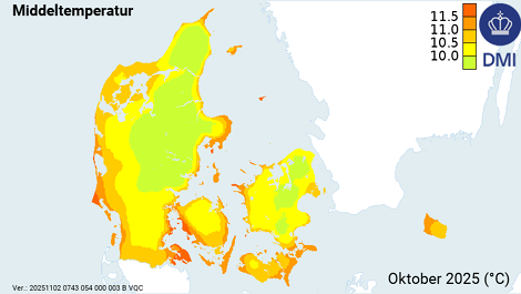 dmidk's tweet image. Oktober 2025 i tal.
Trods en våd måned, var der lidt mere sol end normalt, og oktober var også lidt varmere end normalt.

Du finder månedens højeste og laveste temperatur, og meget andet, her:
🔗 dmi.dk/vejrarkiv/mane… 

#Klimadata #klimatologi #vejrarkiv #oktober2025