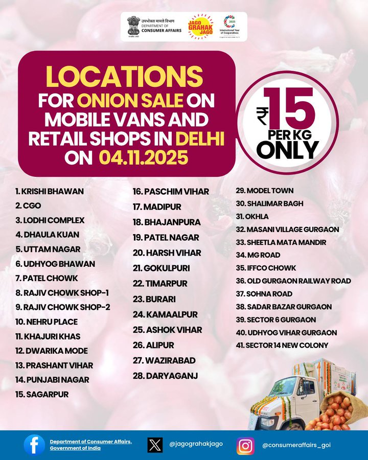 PIBConsumerFood's tweet image. Onions at discounted price of just ₹15/kg — See the locations of mobile vans near you in Delhi.  #locations #DiscountedOnion #MobileVanLocations #NCCF #NAFED #pricestabilization @jagograhakjago