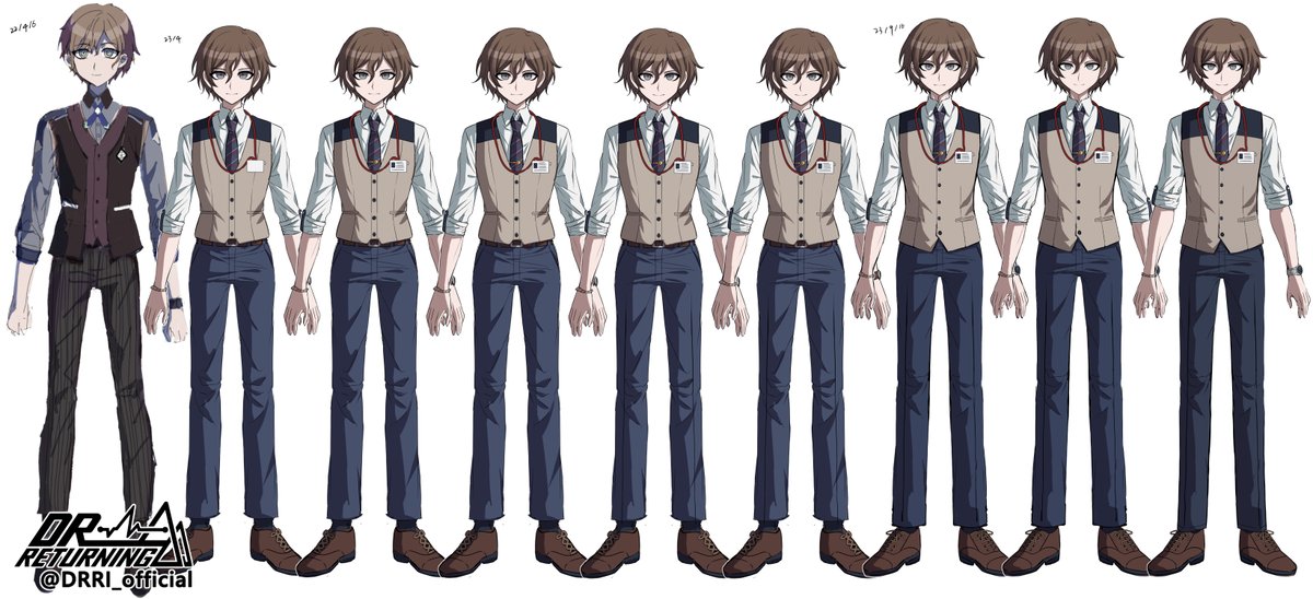 #DRRI_official   

【超kk級のセールスマン】斎藤 龍市  
最初から決定案までの変更点まとめ  
➀ 第一案はセールスマンらしさが全然わかってなかったキャラデザ初心者の頃のもの
② 第二案からはほとんどデザインは決まっていて、それからは服の形＆目の形＆顔の輪郭＆足の長さの修正作業
