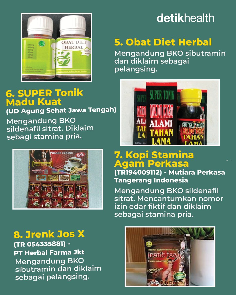 detikHealth's tweet photo. BPOM menemukan 15 obat herbal ilegal yang dapat merusak ginjal-hati. Berikut daftarnya.⁣

#BPOM #obatherbal #obatherbalilegal https://t.co/3fgptFaYlW
