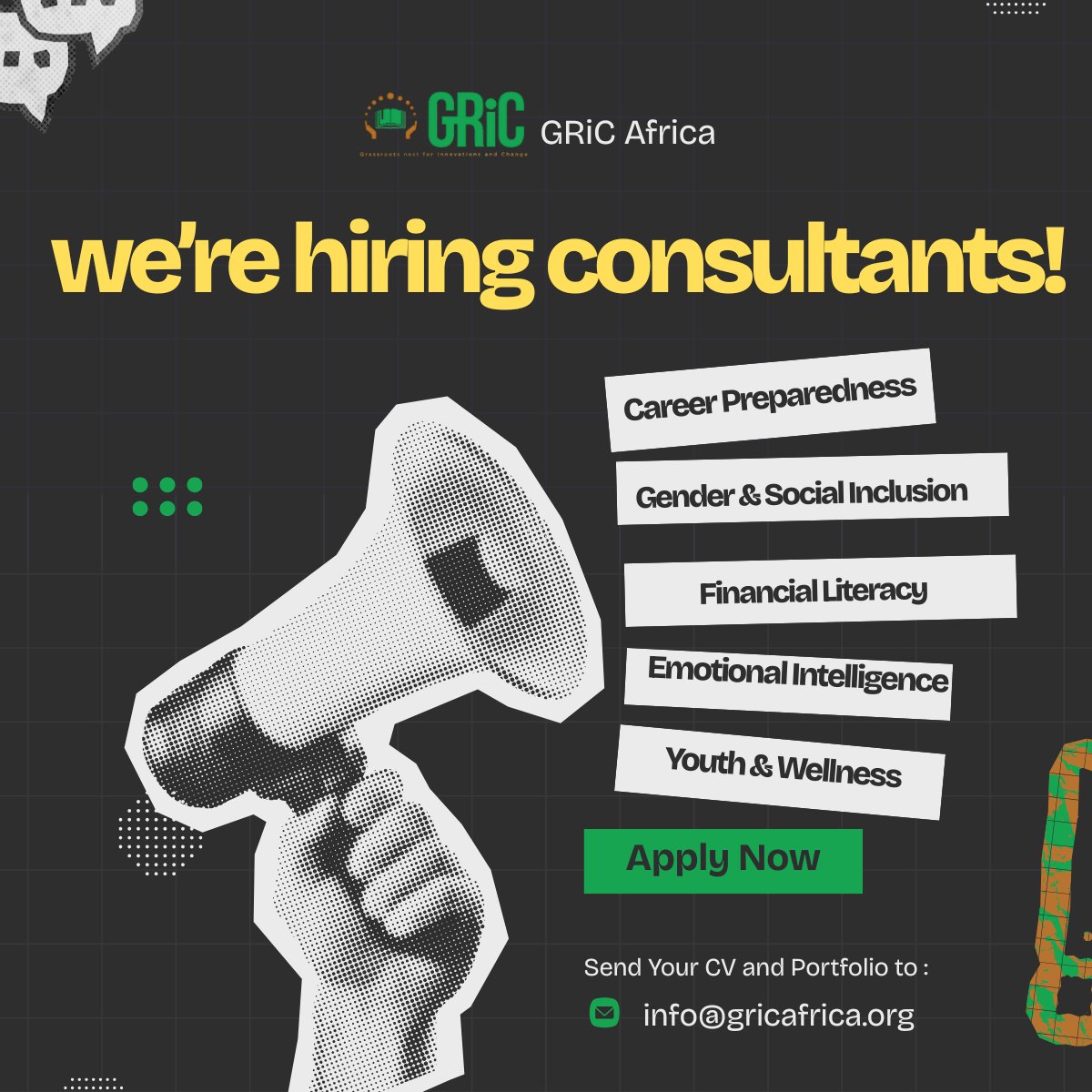 GRiC Africa is looking for passionate consultants in:
✨ Career Preparedness
✨ Gender &amp; Social Inclusion
✨ Financial Literacy
✨ Emotional Intelligence
✨ Youth &amp; Wellness

linkedin.com/posts/gric-afr…
