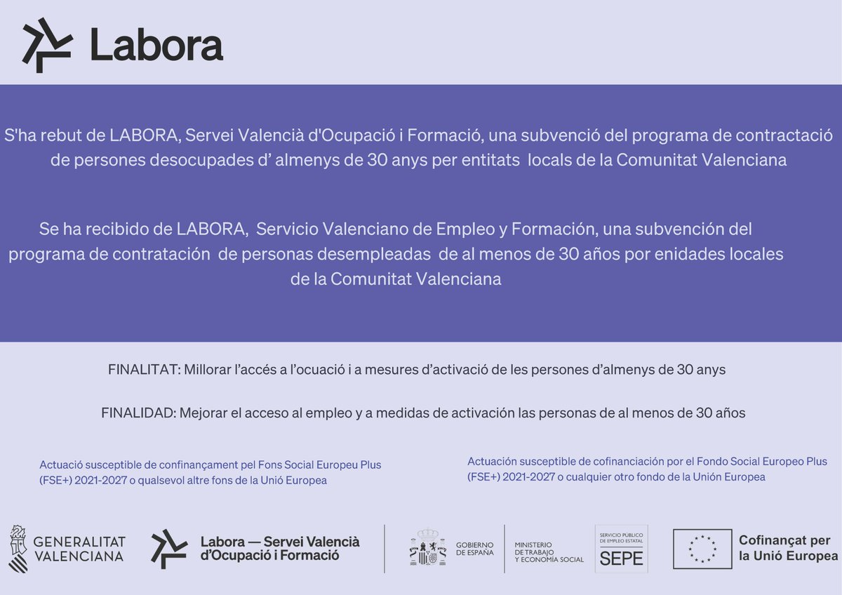 aytoalcalali's tweet image. Concedida una subvenció de @GVAlabora de 47.896,20€ per cobrir salaris i SS de tres persones desocupades majors de 30 anys.
🤝 Hem contractat amb caràcter temporal per 11 mesos, des de l'1/11/25 al 30/09/26:
👩‍💻 1 Aux. administratiu
👩‍🔧 2 Peons d'obra 
#Explus #Alcalalí