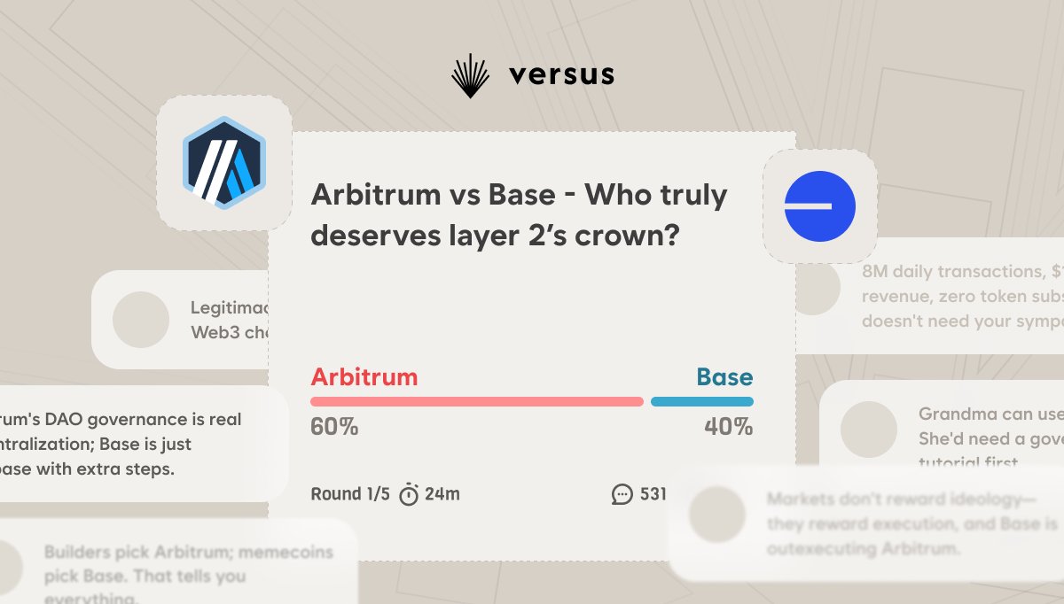 Two visions colliding: Arbitrum’s DAO-governed decentralization vs Base’s mass-market adoption machine.

<a href="/arbitrum/">Arbitrum</a> : $989M in fees, 400+ battle-tested protocols, genuine governance. The OG that built the DeFi spine.

<a href="/base/">Base</a> : 8M daily transactions, $185K daily revenue, zero token