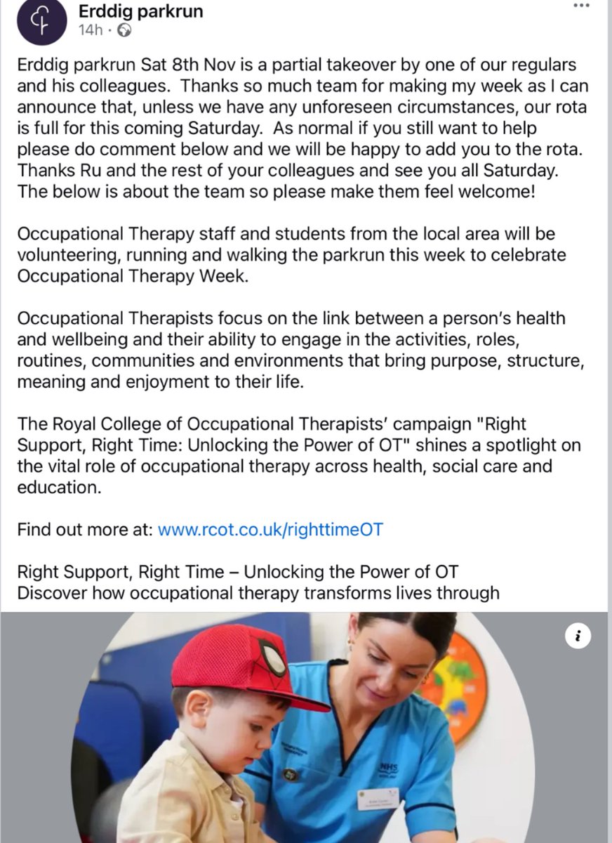 Erddig parkrun Sat 8th Nov. Occupational Therapy staff and students from the local area will be volunteering, running and walking the parkrun this week to celebrate Occupational Therapy week. 

Find out more about Occupational Therapy at: rcot.co.uk/righttimeOT