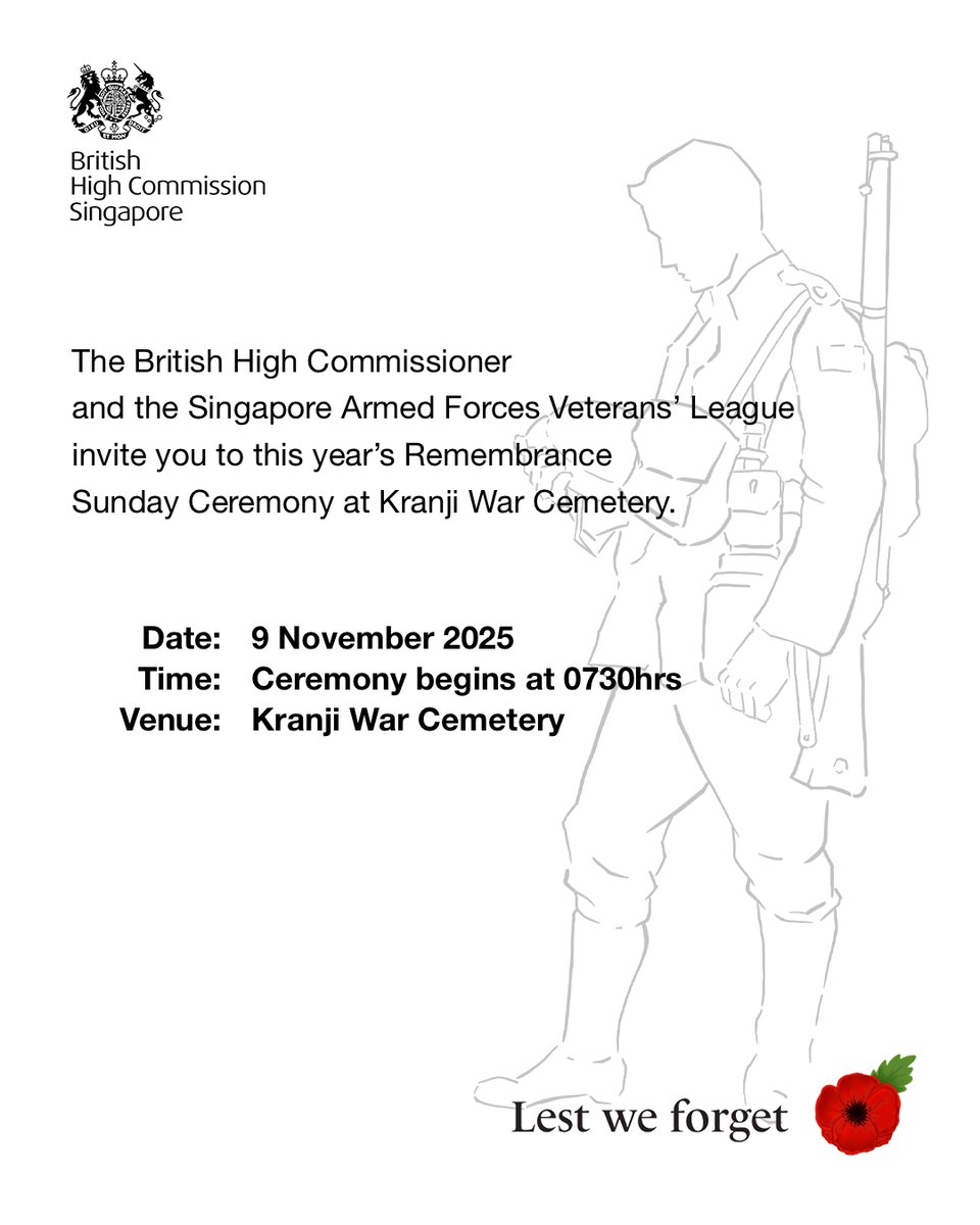 Join us on 9 November 7:30am at Kranji War Cemetery.   All are welcome to join and pay tribute.