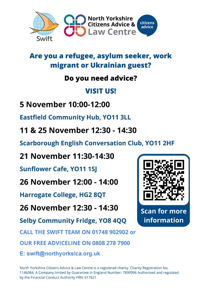 Are you a refugee, asylum seeker, work migrants or Ukrainian guest and need advice or information?

Here are our SWIFT venues for November.  For more information visit cany.org.uk/swift-project/