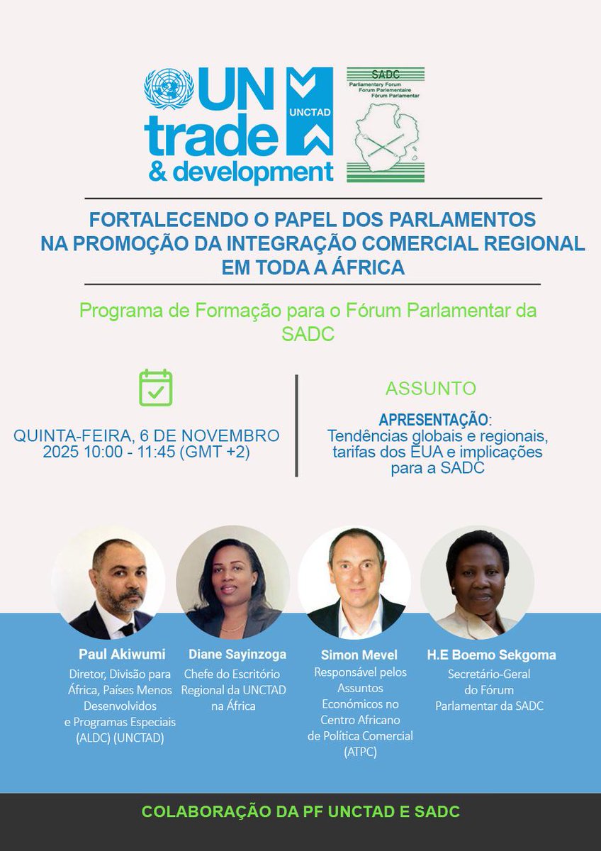Nesta quinta-feira, a <a href="/UNCTAD/">UN Trade and Development</a> e o @SADCParliament lançam uma série de treinamentos para parlamentares da SADC sobre o papel dos parlamentos no avanço da integração comercial regional.

🗓 6 de novembro de 2025

🔗unctad.org/meeting/sessio…