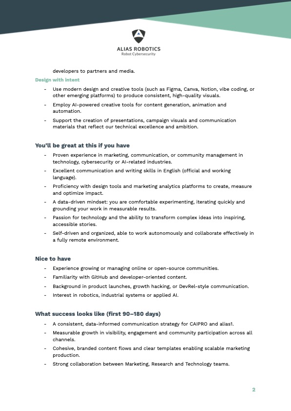 AliasRobotics's tweet image. 🚀 We’re hiring! 
💥Join Alias Robotics as a Remote Part-Time Marketing &amp;amp; Communication Specialist and help us shape how the world sees AI &amp;amp; cybersecurity.
📍 Remote (Spain) | 🕐 Part-time
👇 Apply now
#Hiring #TechJobs #AI #Cybersecurity #Growth #RemoteWork