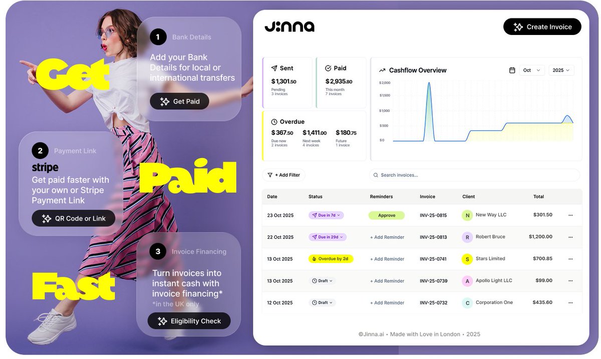 andryemel's tweet photo. I’ve been waiting to tell this story. Today is the day.
Stealth is over. We’re live on @ProductHunt 🚀
Support → Try → Feedback
Link in first comment 👇

I’m Andrei, founder of @jinna_ai
🦸‍♀️ AI Assistant for business admin, finances & day-to-day tasks
Jinna isn’t just a product. It’s my personal mission
Jinna is about Freedom
I’ve had my own hustle, my wife Alya runs one too, and many of my friends are business owners. After years building fintech and accounting tools and speaking with hundreds of founders, one thing is clear: everyone hates endless admin and paperwork. It’s boring, time-consuming, and drains the energy that should go into building.

I created https://t.co/ZC10dxCfaW with a mission:
🌟 Live your freedom. Build a better world!
To give entrepreneurs their time, freedom, and energy back, so they can focus on what they love.

👩‍💻 Think of Jinna like a real person!
→ What if someone knew your business like you do?
→ Knew your clients, your timing, your tone.
→ Sent the right message, at the right time.
→ Knew when to follow up, what to say, how to chase.
→ What if all the boring business admin just ran itself?

✨ https://t.co/ZC10dxCfaW is hyper context-aware, human-like, and personal. She knows your business — understands cash flow, clients, and tone. She’s proactive and independent, running tasks end-to-end: crafting stunning invoices, sending them, following up, managing payments, and offering invoice financing. Behind it all is Jenius — her dynamic context profile that continuously learns from every interaction to understand you, your business, and your clients even better over time.

🚀 Where we are now
• 400+ users after the first shy release to friends of friends
• Feedback: saves time, beautiful, personal, smart, helps get paid faster
• Early support from a London-based VC
• Part of the Google for Startups Program
• Top 100 at Onstage
• Integrations: @Stripe, @Xero, @Plaid, Treyd + more coming

⚡️ What’s coming soon
• Cash Flow Insights & Predictions
• Business Expenses
• Accounts Payable
… and more

Like. Share. Spread.
🩷

#ProductHunt #Startups #AI #Fintech #Entrepreneurship #BuildInPublic