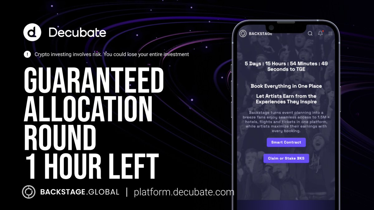 decubate's tweet image. ⏳ 1 Hour Left – GA Ending, FCFS Starting Soon!

The Guaranteed Allocation round for the $BKS token is closing in just 1 hour.

In 1 hour, the FCFS for both rounds begin — and it’s open to all tiers.

👉 Join the ICO (All tiers):
platform.decubate.com/project/backst…

👉 Join the private round…