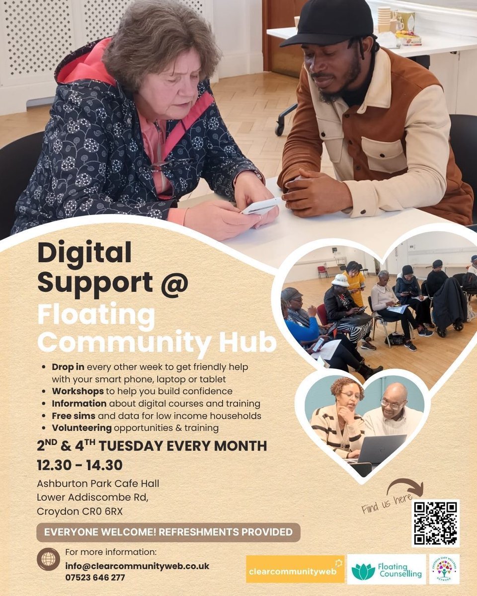 🌟 Proud to be part of the Floating Community Hub in Croydon!
A brilliant space where voluntary sector groups come together to support residents with:
💻 FREE laptops 
🤝 Individual support
📚 Workshops
✨ Digital support
Join us 2nd &amp; 4th Tuesdays, 12:30-2:30pm
#CroydonCommunity