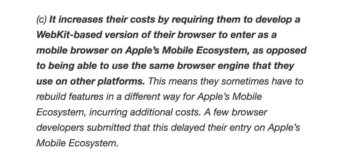 OpenWebAdvocacy's tweet photo. The CMA found this increases costs for third-party browsers by forcing them to develop a WebKit based browser:
7/12 https://t.co/aO8k0My2kz