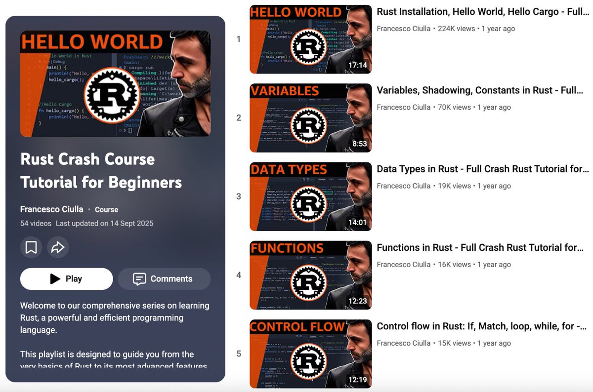 🖥️ 10个全面的编程语言YouTube课程：

1. Python 入门
youtube.com/playlist?list=…

2. SQL 数据库
youtube.com/playlist?list=…

3. JavaScript 前端
youtube.com/playlist?list=…

4. Java 企业级
youtube.com/playlist?list=…

5. C++ 底层编程
youtube.com/watch?v=FpfHmA…

6. Rust 系统开发
youtube.com/playlist?list=…