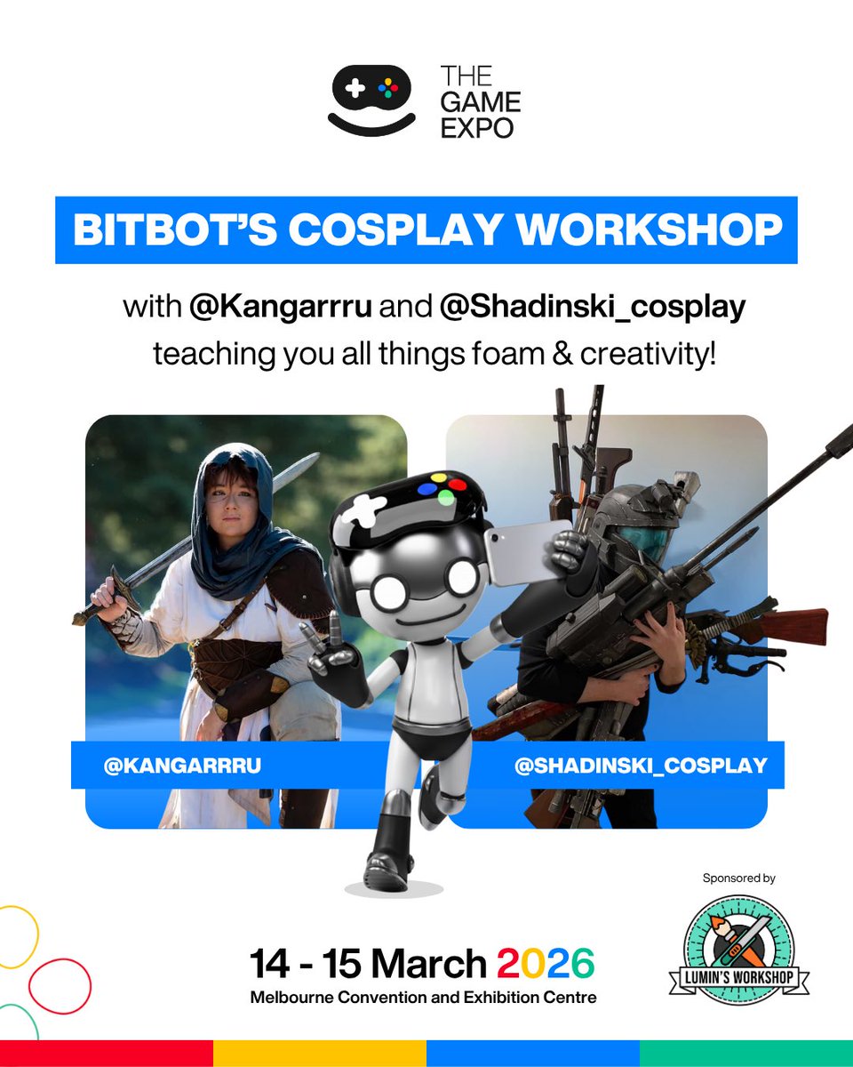 Introducing BitBot’s Cosplay Workshop! 🎉

Join us all #TGX as <a href="/Shadinski_7/">Shadinski (Cosplayer(derogatory))</a> and <a href="/kangarrru_/">ru</a> run foam crafting sessions, giving you an educational and hands-on approach to learning how to make your own cosplay pieces! 

With supplies provided by Lumin’s Workshop #TheGameExpo