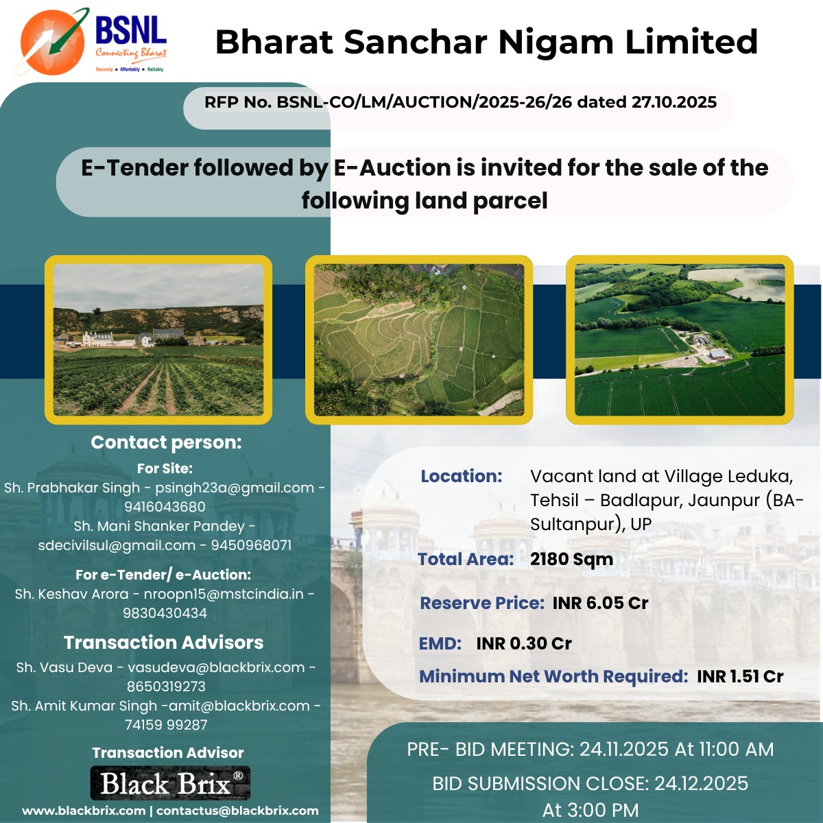 BlackBrix_KAPL's tweet photo. Black Brix® is proud to serve as the Transaction Advisor to this key strategic monetization initiative by BSNL.
Interested bidders may download the RFP document and participate via MSTC’s e-Tender Portal
#BSNL #EProcurement #UrbanDevelopment #AssetMonetization #BlackBrix https://t.co/bZNmLb0hqL