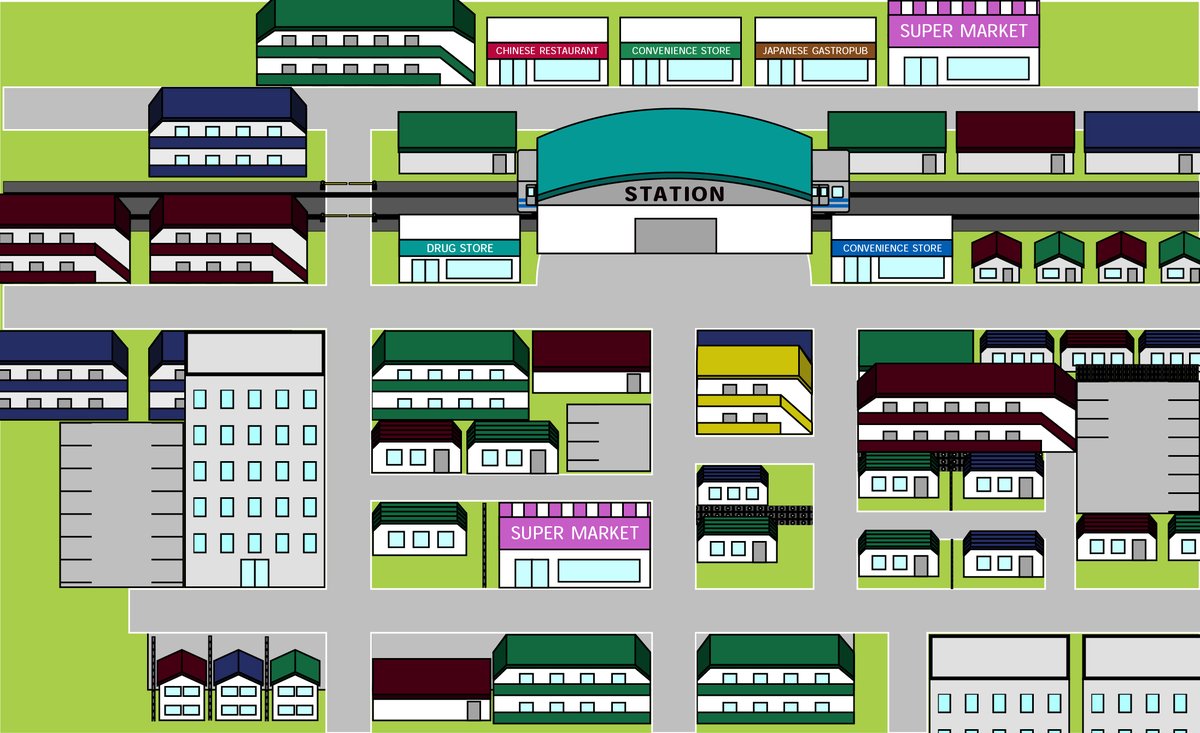 【制作の裏側】行きと帰りで毎回ルートを変える　その4
素材は人以外全て自身で制作しました！
実は画面外も結構広くマップは作られており、途中まで電車に乗るシーンも入れようとしていたので電車も制作しています！
そして、カラーでした！笑