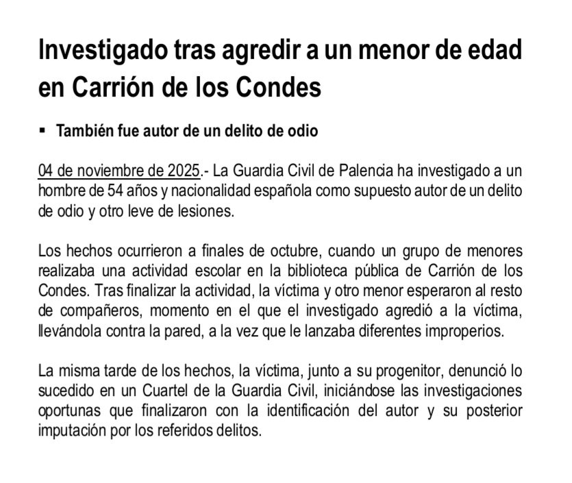 🚨 Investigado tras agredir a un menor de edad en Carrión de los Condes

#guardiacivilpalencia 
#SeguridadCiudadana 
#lesiones
#odio