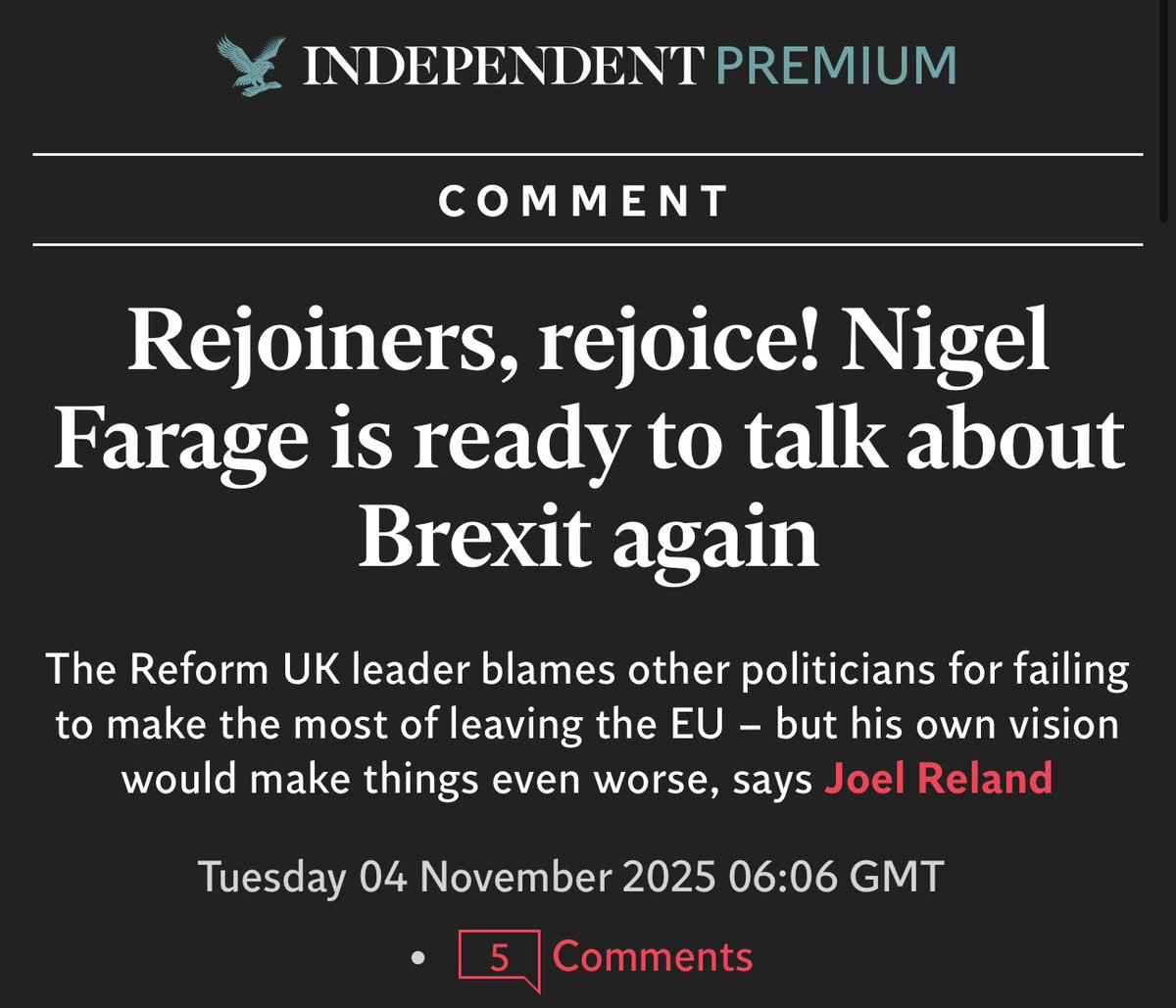 Rejoiners, rejoice 🙌 

The Independent spells it out:

Farage is back blaming everyone else for Brexit’s failures, but his solutions would make things worse.

Every time Britain tried the deregulation he wanted, business revolted.

Every time we diverged, costs soared.

The