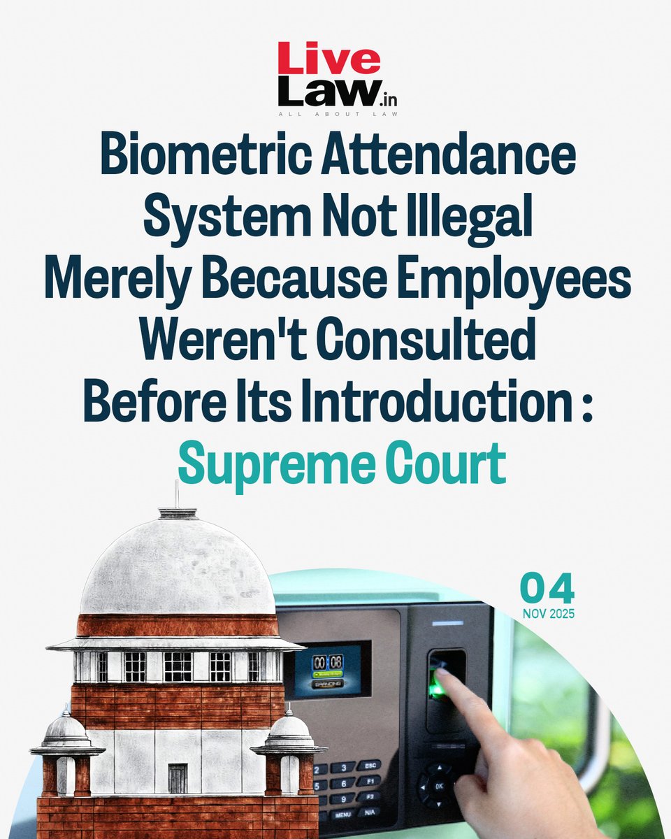 LiveLawIndia's tweet image. The Court allowed the Union to proceed with Biometric Attendance system in Odisha Principal Accountant General office.
Read more: bitl.to/5HcO
#SupremeCourt #BiometricAttendancesystem