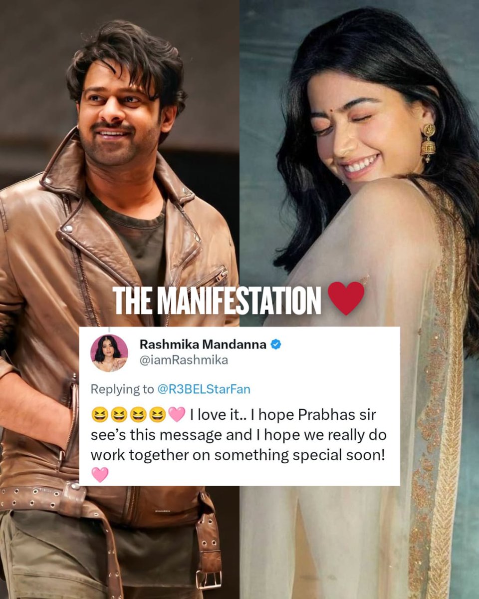MandannaMagic's tweet photo. The manifestation is REAL ❤️🔥 #RashmikaMandanna x #Prabhas - a dream we’re all waiting to see come true soon! 🫶
#TheManifestation #DreamCollab #RebelStar #RashmikaMagic https://t.co/RypBty2BGT