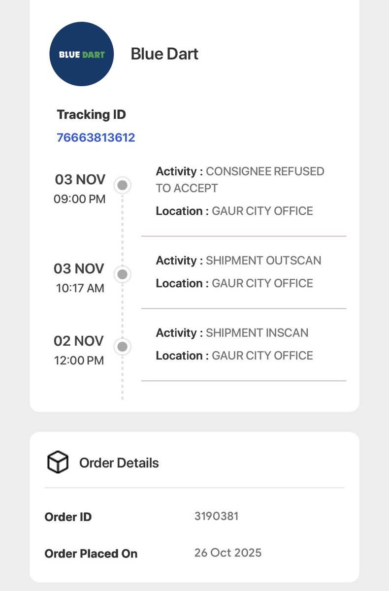 krishkaatashan's tweet photo. @BlueDartCares @BlueDart_ @ShiprocketIndia @BlueDart_ @BlueDartCares @ShiprocketIndia 
Check this delivery agent update false status. Nobody call me or come to my home still they update the status - CONSIGNEE REFUSED TO ACCEPT . What is going here ? https://t.co/YGyWeGsqrn