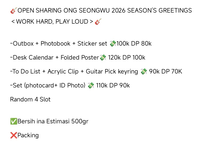 pyonghwastudio's tweet photo. [INA GO] 🎸 OPEN SHARING!
Ong Seongwu 2026 Season’s Greetings
WORK HARD, PLAY LOUD ✨

📦Fullset 730K | DP 560K

✅ Bersih INA
❌ Excl. packing
📩 Order via DM/PC
#OngSeongwu #옹성우
#옹성우덕질 #OngSeongwuLovers
#WorkHardPlayLoud
#KpopMerch #preorder
#KpopCollectors #GOINA https://t.co/o7tnPHqkEv