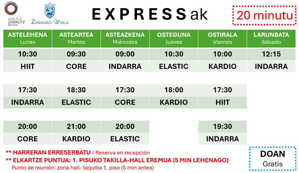 Fitnesseko EXPRESSen ordutegi berriak ditugu

Fitnesseko EXPRESS saioen ordutegiak egokitu dira. Emazu izena harreran eta etor zaitez! *Bazkideek doan.

Se han adaptado los horarios de los EXPRESS de fitness. Inscríbete en recepción y ven! *Abonadxs gratis.

Gu prest, ZU?🤸‍♀️🤸‍♂️