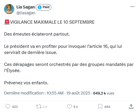 Au fait, on en est où des émeutes du 10 septembre qui ont permis à Emmanuel Macron d'invoquer l'article 16 ? Je demande ça pour Zoé Sagan qui semblait en sachoir beaucoup...
