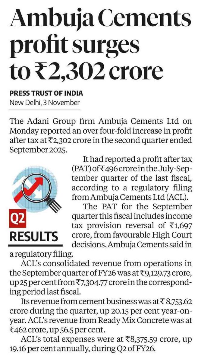 Ambuja Cements achieves robust Q2 FY26 performance

#ThisIsAdaniCement #BuildingNationsWithGoodness #BuniyadSeBulandiyonTak #GreenGrowth #ESG