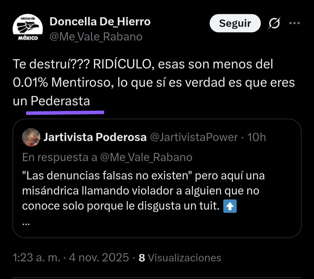 Se dirige a mí 3 veces:
"Violador", "pedófilo", "pederasta". 

No me conoce de nada, pero le molestan mis post y con suponer que soy hombre le basta para atribuirme delitos tan graves.

¿Cómo no van a tener miedo los hombres de cruzarse con una de estas desquiciadas? 💔