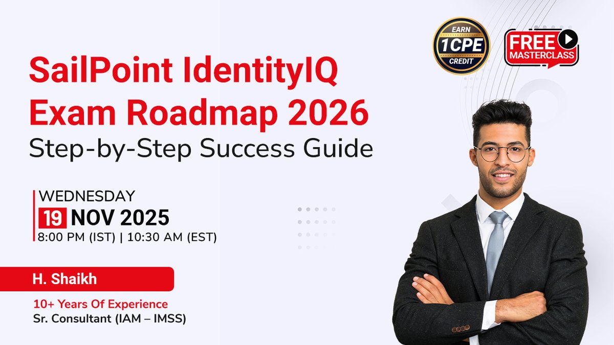 MKandari20235's tweet image. SailPoint IdentityIQ Exam Roadmap 2026: Step-by-Step Success Guide

19 Nov (Wed)
08:00 – 09:00 PM (IST)

Register here - infosectrain.com/events/sailpoi…

#SailpointIdentityIQ #InfosecTrain #Learntorise #sailpoint
