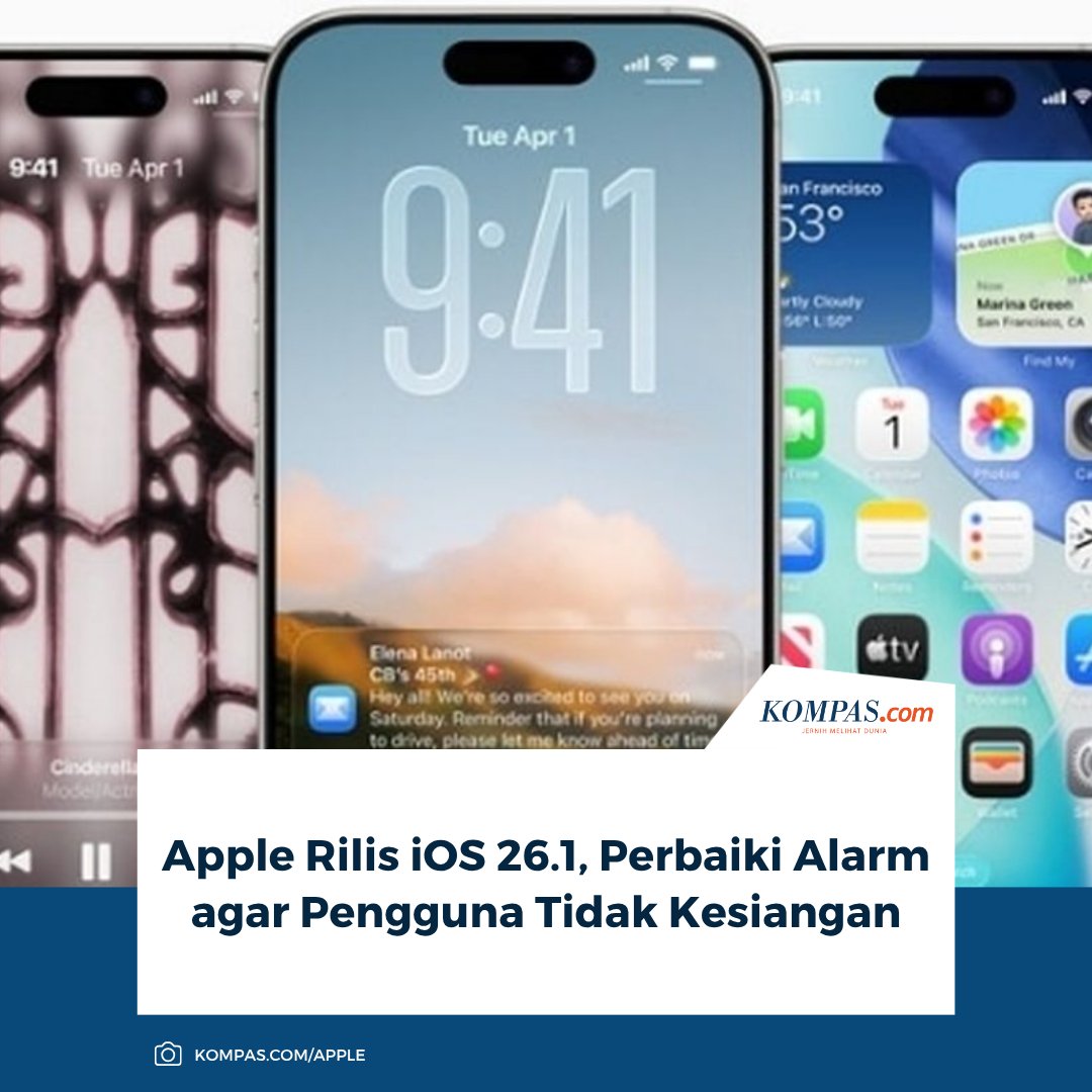 kompascom's tweet image. Goodbye kesiangan! Apple rilis iOS 26.1, alarm iPhone kini harus digeser untuk mati total.

Baca di sini: tekno.kompas.com/read/2025/11/0…

~TR #iPhone #IOS261 #Alarm
